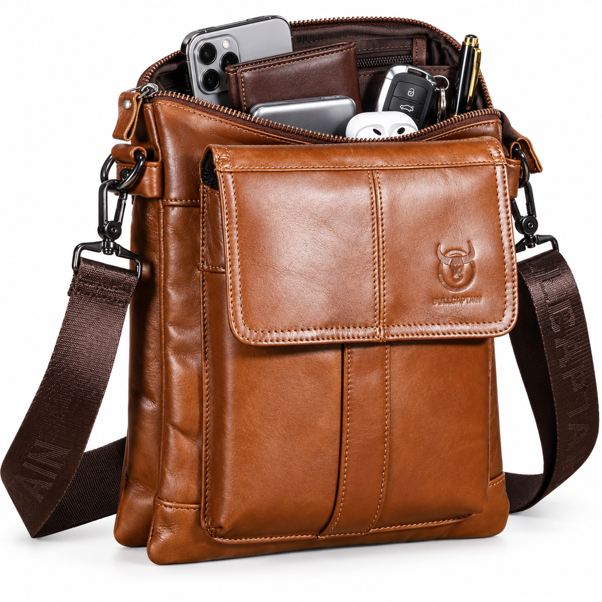 Sacoche Bandoulière Homme en Cuir de vache -  Cognac – Élégante & Spacieuse