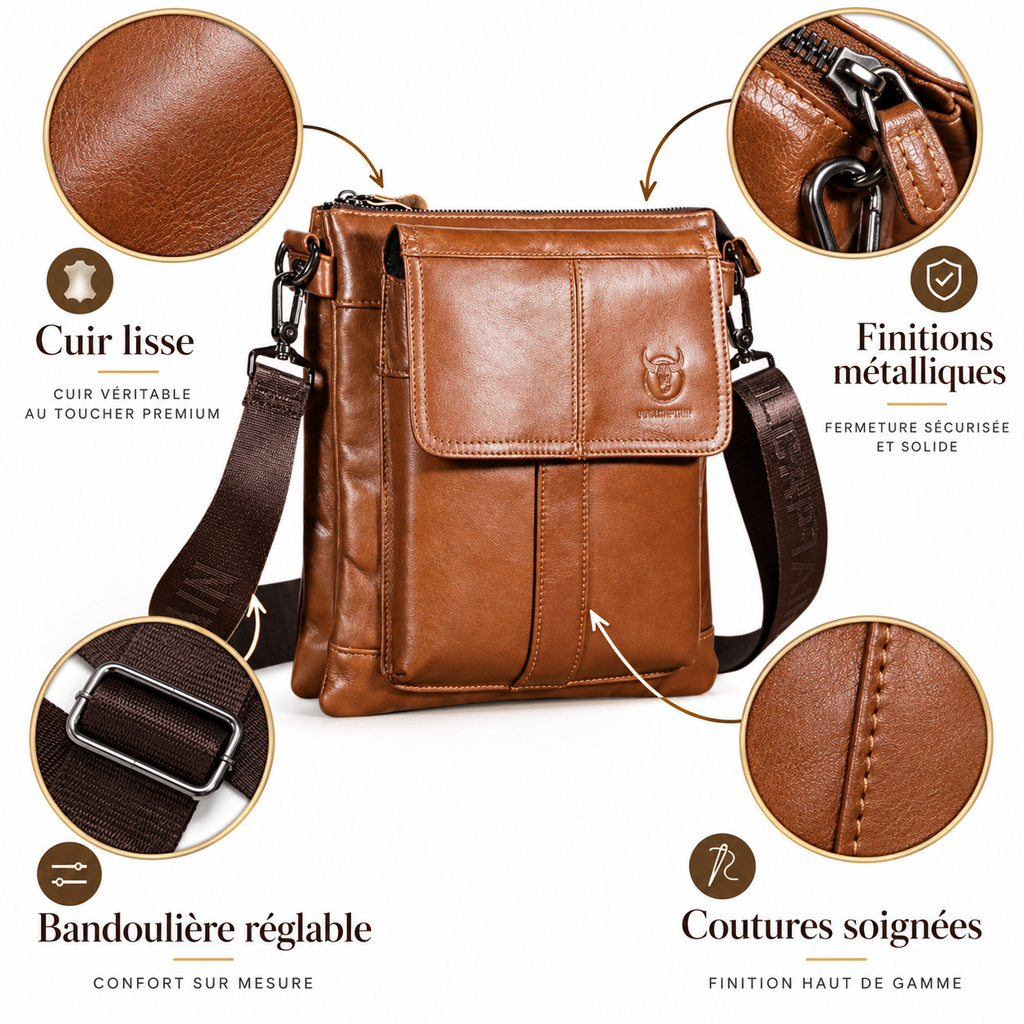 Sacoche Bandoulière Homme en Cuir de vache -  Cognac – Élégante & Spacieuse