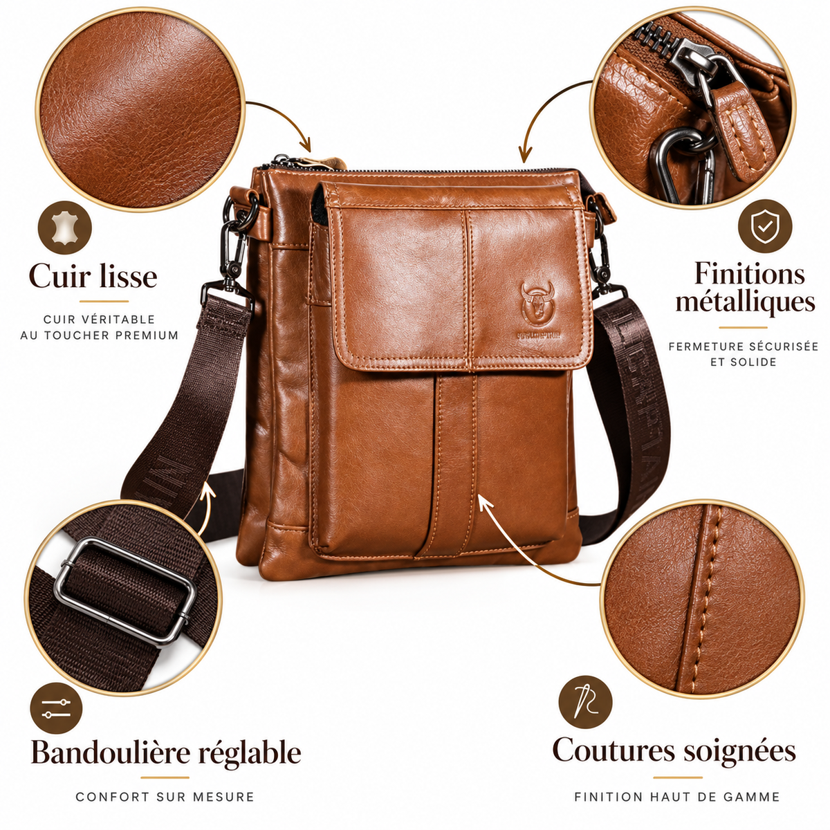 Sacoche Bandoulière Homme en Cuir de vache -  Cognac – Élégante & Spacieuse