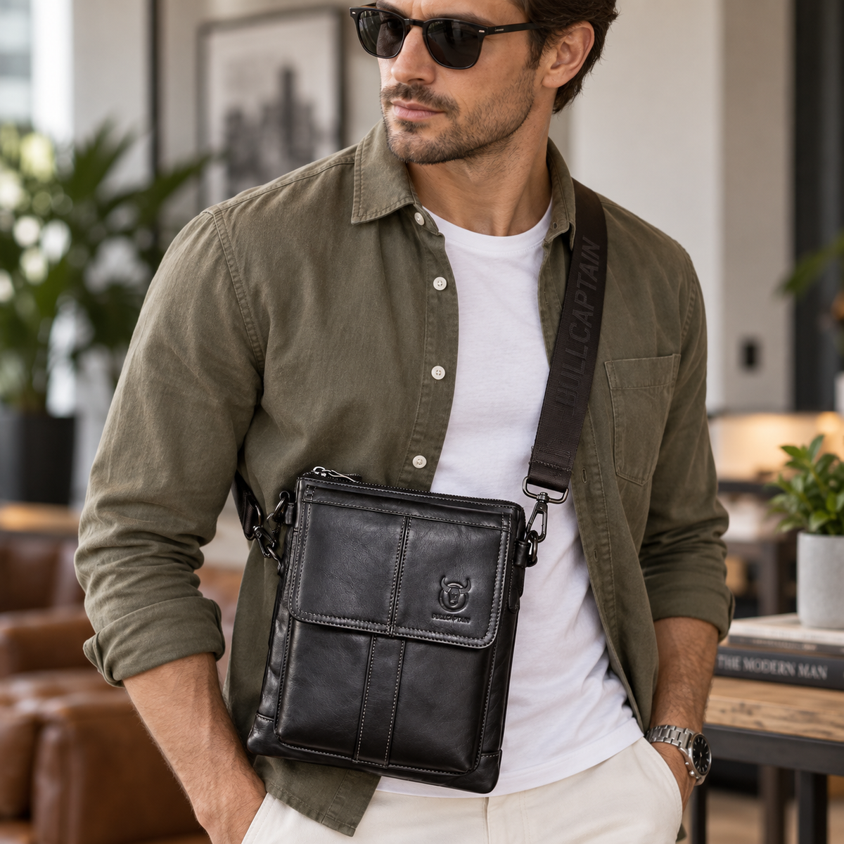 Sacoche Bandoulière Homme en Cuir de vache -  Cognac – Élégante & Spacieuse