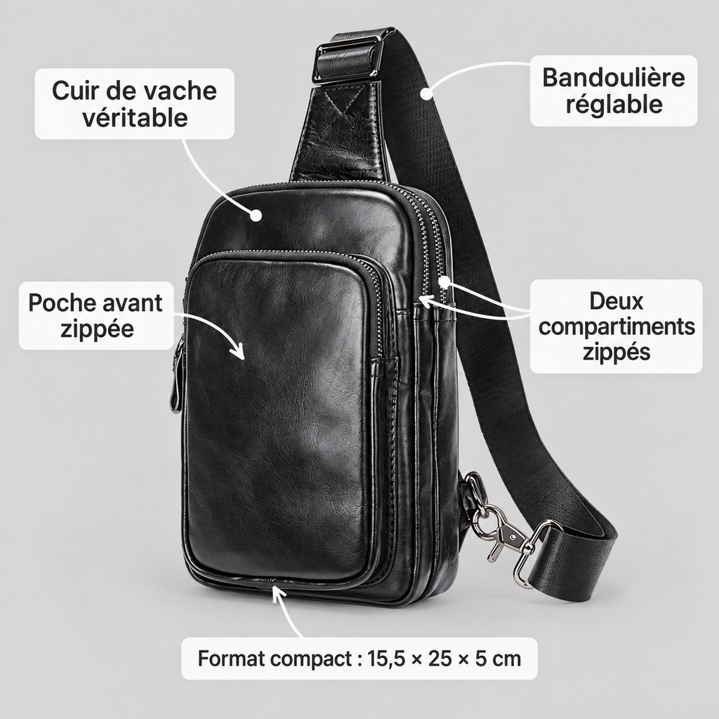Sacoche bandoulière homme en cuir noir – Compacte et élégante