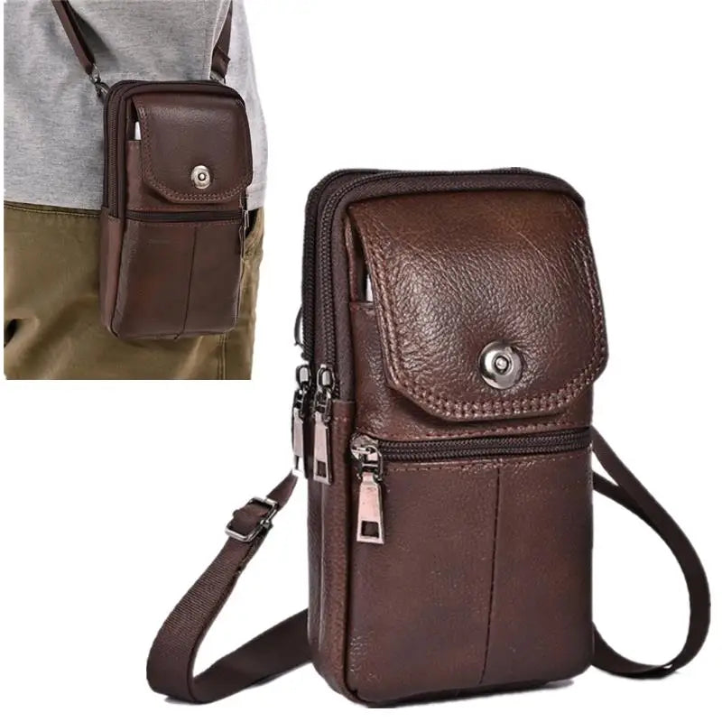 2026 Men's Messenger Bag Cowhide Leather Bag Mobile Phone Pouch Men Wallet Small Travel Waist Bag Male Multi-Pockets Chest Bag