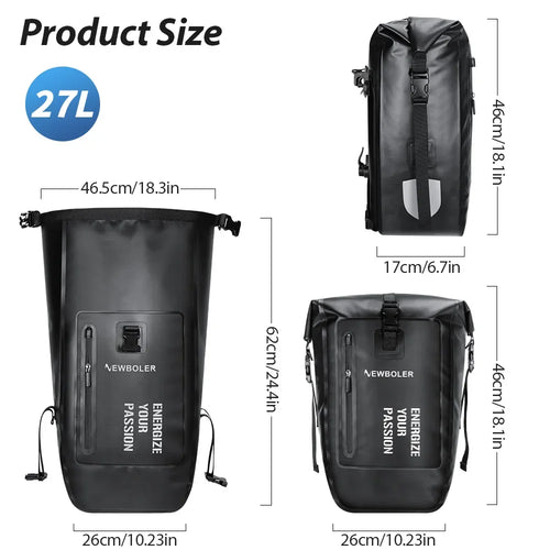 NEWBOLER  Bike Pannier Bag 27L Big Capacity Waterproof Rear Rack Black Travel Bicycle Bag Electric Bike Rear Seat Trunk Bag