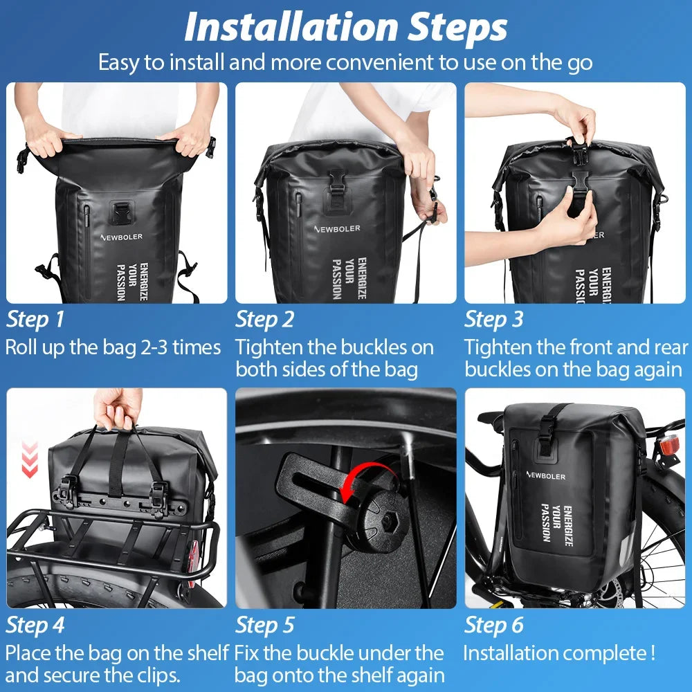 NEWBOLER  Bike Pannier Bag 27L Big Capacity Waterproof Rear Rack Black Travel Bicycle Bag Electric Bike Rear Seat Trunk Bag