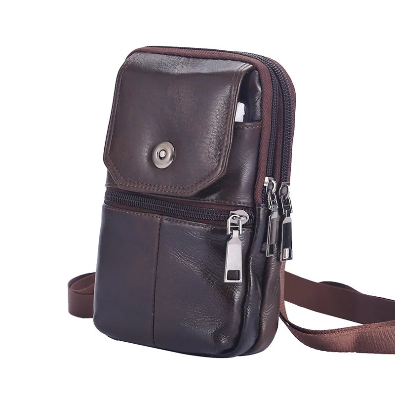 2026 Men's Messenger Bag Cowhide Leather Bag Mobile Phone Pouch Men Wallet Small Travel Waist Bag Male Multi-Pockets Chest Bag